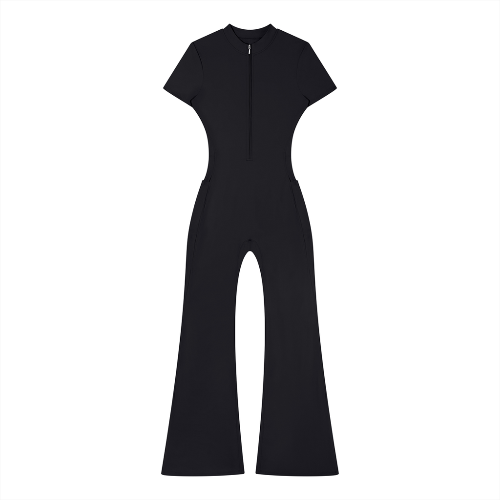 Women's Flared Leg Quarter-Zip Jumpsuit – Bodycon Fit, 75% Nylon Spandex Blend
